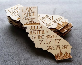 State shaped engraved wooden save the date invitations