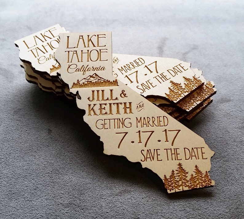 State shaped engraved wooden save the date invitations image 1