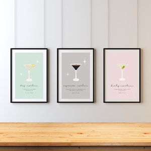 Paquete de carteles de Martini de inspiración retro - Impresión digital 18x24 pulgadas - Martinis secos, sucios y espresso