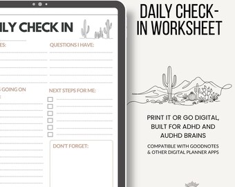 Dagelijkse check-in werkblad, ADHD AuDHD plannerpagina, uurschema en reflectie, digitale download, compatibel met GoodNotes