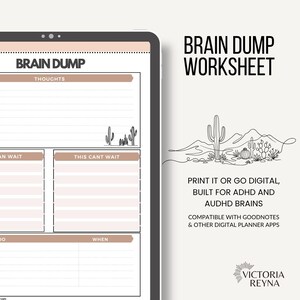 Peut inclure: Une feuille de travail numérique de type brain dump affichée sur une tablette avec des sections intitulées Thoughts, Can Wait, This Cant Wait, Do et When. Le design présente des accents beiges et des dessins au trait de cactus. Texte inclus.