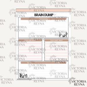 Op de afbeelding: Een witte papieren plannerpagina met de titel BRAIN DUMP en secties genaamd THOUGHTS, THIS CAN WAIT, THIS CANT WAIT, TO DO en WHEN. De lay-out bevat lichtroze en bruine accenten, horizontale lijnen om te schrijven en kleine cactussen.