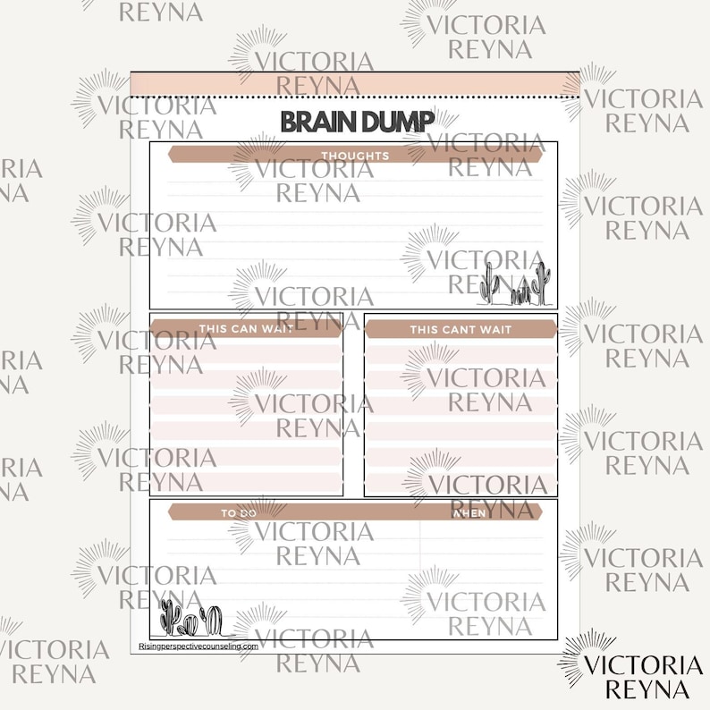 Op de afbeelding: Een witte papieren plannerpagina met de titel BRAIN DUMP en secties genaamd THOUGHTS, THIS CAN WAIT, THIS CANT WAIT, TO DO en WHEN. De lay-out bevat lichtroze en bruine accenten, horizontale lijnen om te schrijven en kleine cactussen.