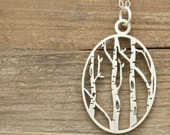 Wanderlust Gift - Charm Necklace - Jewelry - Outdoor Gift - Birch Tree Necklace - Woodland Jewelry - Silver Necklace - Oval Necklace