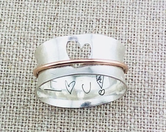 Personalized Ring · Personalized Heart Spinner Ring  ·  Handwriting Ring · Custom Jewelry · Mixed Metal Ring · Cutout Heart Ring · Love Ring