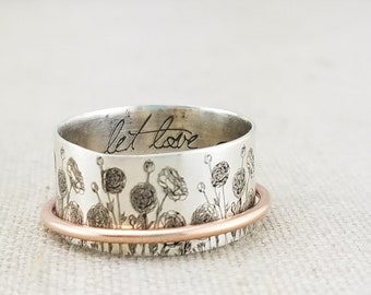 Personalized Jewelry Gifts Spinner Ring · Inspiration Ring · Jewelry · Floral Ring · Custom Handwriting Ring · Ranunculus Ring Valentines