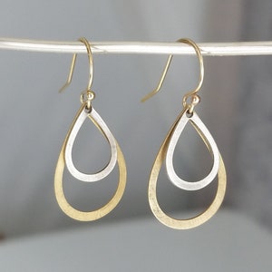 Mixed Metal Teardrop Dangle Earrings  .  Earrings . Gold and Silver Earrings . Elegant Tear Drop Earrings . Simple Dangle Earrings