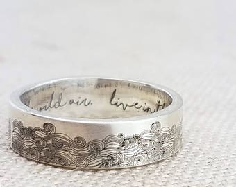 Personalized Ring - Summer Outdoors Ring - Sterling Silver Ring -  Beach Jewelry - Engraved Ring - Waves Ring - Gift - Gift for Her