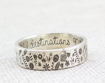 Jewelry - Personalized Floral Ring - Inspirational Silver Ring  - Personalized - Engraved Ring - Flower Ring - Gardening - Personalizable