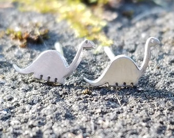 Dinosaur Stud Earrings - Cute Earrings - Gift - Stocking Stuffer - Long Neck Earrings - Silver Jewelry - Apatosaurus