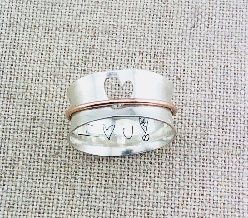 Personalized Ring · Personalized Heart Spinner Ring  ·  Handwriting Ring · Custom Jewelry · Mixed Metal Ring · Cutout Heart Ring · Love Ring 