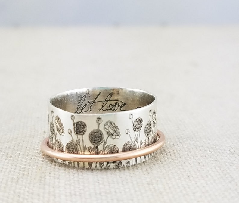 Personalized Jewelry Gifts Spinner Ring · Inspiration Ring · Jewelry · Floral Ring · Custom Handwriting Ring · Ranunculus Ring Valentines 