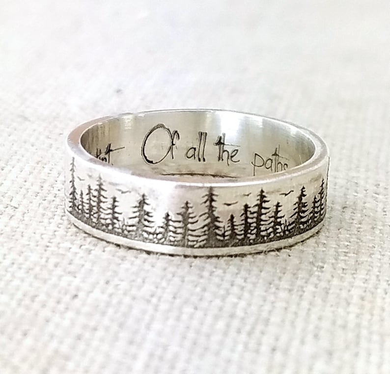 Personalized Silver Ring - Graduation Gift Gifts - Wedding Band - Forest Jewelry - Engraved Ring - Pine Tree Ring -  Nature Accessories 