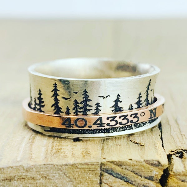 Personalized Spinner Ring · Custom Coordinates Ring · Jewelry · Ring · Custom Handwriting Ring · Mixed · Tree Ring · Graduation Gift