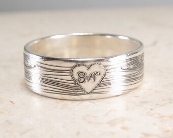 Wood Wedding Band -  Faux Bois Ring - Engraved Wood Heart Ring - Personalized Ring