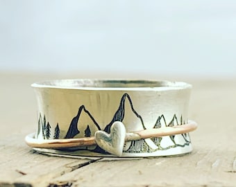 Personalized Jewelry · Personalized Spinner Ring · Inspiration Ring ·  Mountain Jewelry · Mountains Ring · Custom Handwriting Ring · Gift