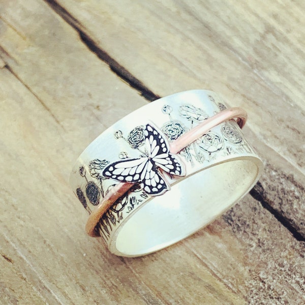 Personalized Spinner Ring · Inspiration Ring ·  Butterfly Jewelry · Flower Ring · Custom Handwriting Ring · Mixed · Ring · Graduation Gift