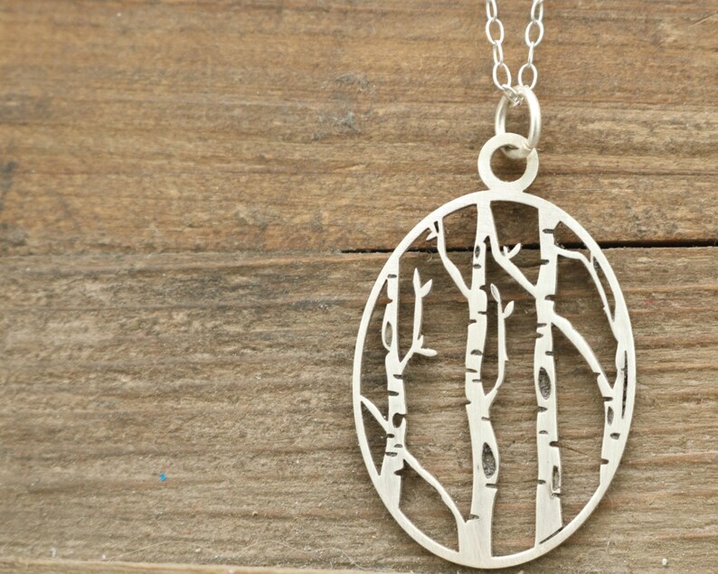 Fall Jewelry Charm Necklace Outdoor Gift Birch Tree Necklace Woodland Jewelry Silver Necklace Oval Necklace Wanderlust Gift image 1