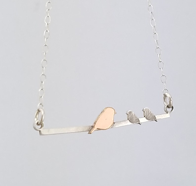 Mother/'s Day Gift \u00b7 Bird Family Necklace \u00b7 Jewelry \u00b7 Mama Bird and Baby Birds \u00b7 Gift for Mom \u00b7 Mixed Metal \u00b7 Silver Necklace \u00b7 Coworker Gift