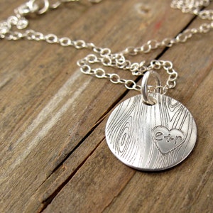 Personalized Necklace - Silver Wood Grain Necklace - Faux Bois Jewelry - Woodland Wedding Jewelry