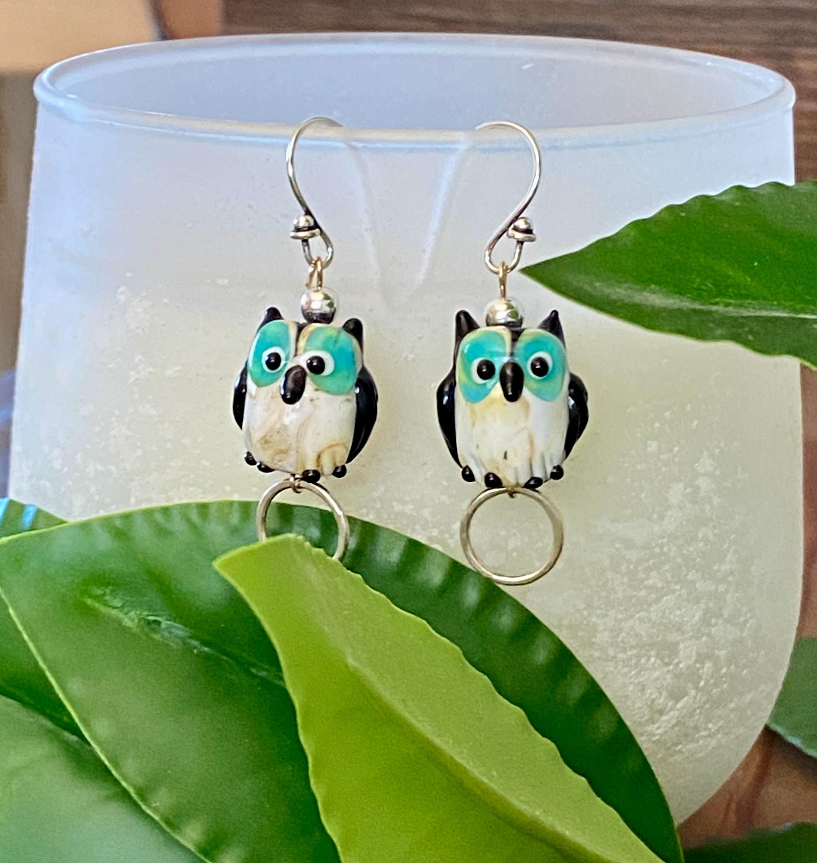 Lampworked Glass Owl Dangle Earrings: Sterling Silver Bird Jewelry