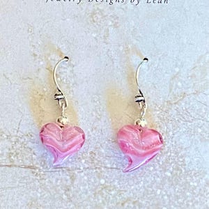 Lampwork Glass Heart Earrings, Pink & White Swirl Hearts, Handmade Sterling Silver Dangle Jewelry, Beaded Love Romantic Gift for Her