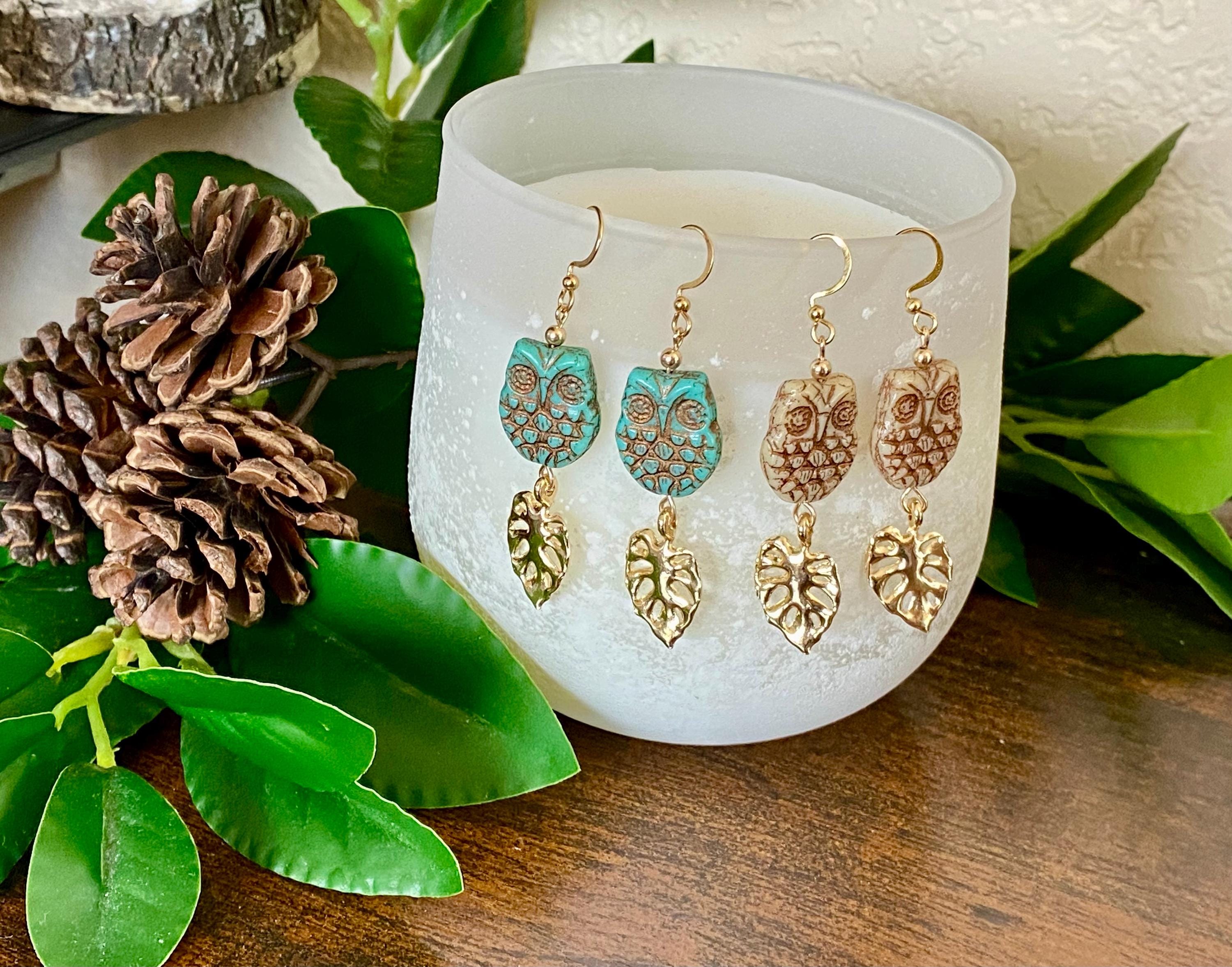 Czech Glass Owl Earrings: Gold Leaf, Hypoallergenic Stainless Steel Hooks