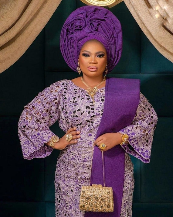 Purple Lace Iro and Buba with Inner Lining for Weddings Asoebi meetings and Mother of the bride Blouse and wrapper for African women