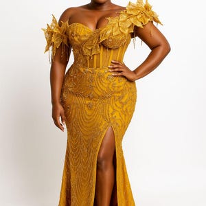 Maxi Gold Abend Spitzenkleid für Hochzeiten und besondere Anlässe, Cocktailkleid mit Schlitz vorne