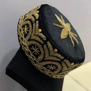 Black and Gold Embroidered Igbo Hat: Nigerian Wedding Cap