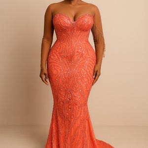 Coral Sequin Mermaid Gown: Elegant Evening Dress, Strapless Sweetheart Neckline