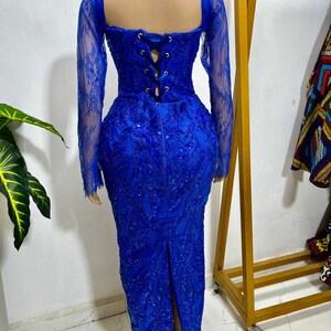 Lace and Tulle with Beaded Long Gowns Royal Blue