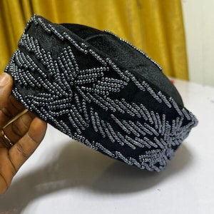 Handcrafted Black Velvet Igbo Hat: Nigerian Wedding Cap with Navy Beadwork