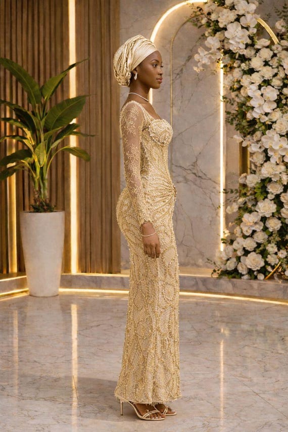 african beaded wedding dress Lace Gold Elegant Gold Beaded Evening Gown, Luxury Lace Dress, Bridal Wear Dress style:Hard Tulle Pleats Black Gingham Dresses | material: polyester Elegant white civil wedding