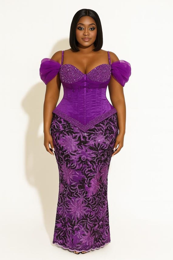 Luxury African Lace Corset Skirt Set: Beaded Asoebi Two-Piece