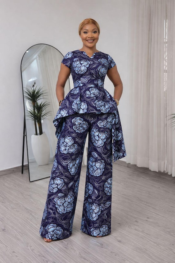 African Ankara Two Piece Set | Peplum Top & Wide Leg Pants - Etsy