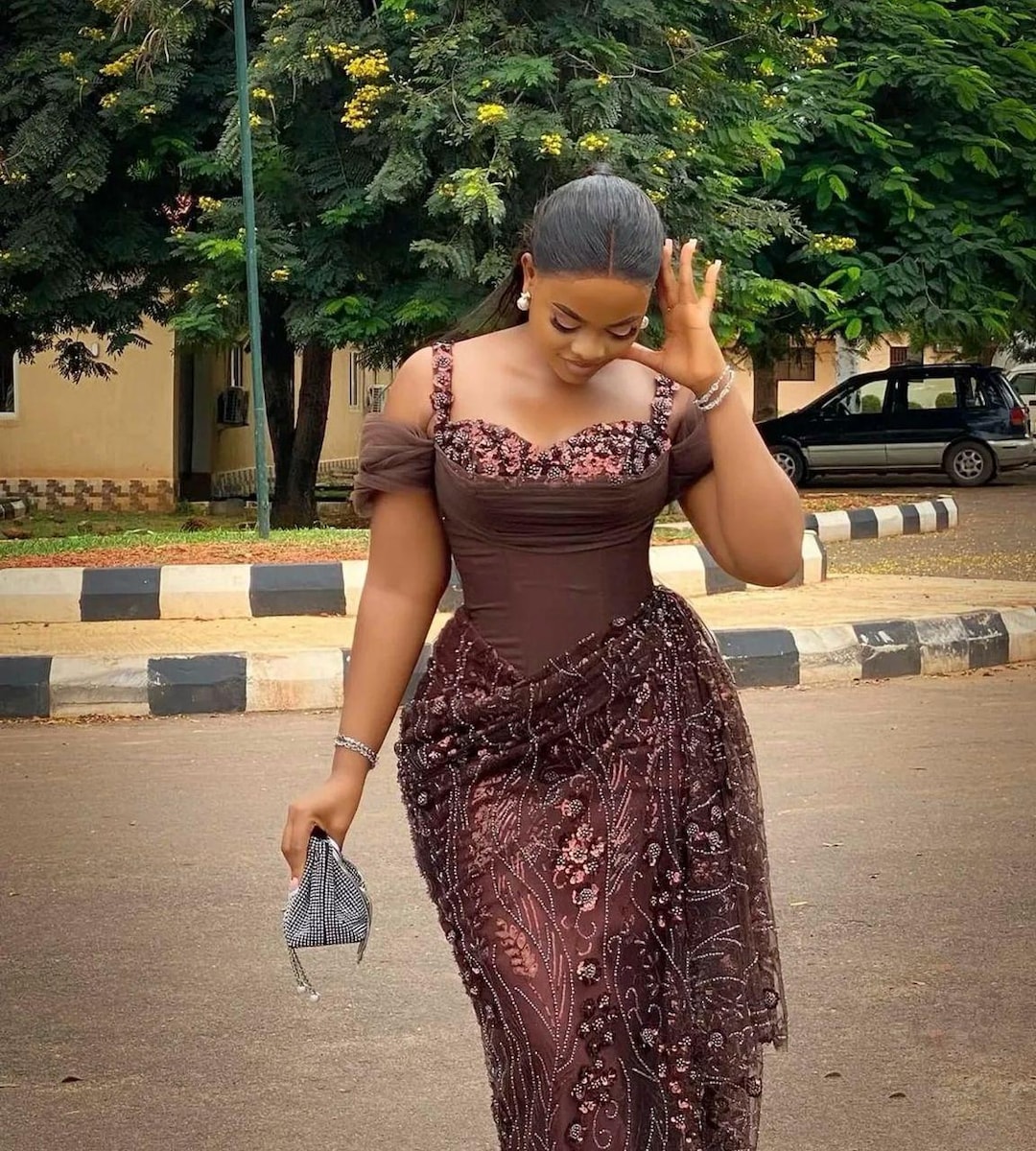 Elegant Brown African Lace Dress | Fitted Asoebi Gown for Weddings, Engagements, Parties & Special Occasions