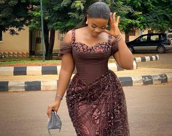 Elegant Brown African Lace Dress | Fitted Asoebi Gown for Weddings, Engagements, Parties & Special Occasions