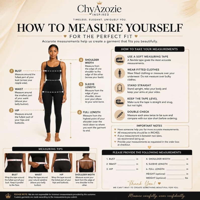 May include: An instructional infographic titled ChyAzozie Inspired How to Measure Yourself for the Perfect Fit. It features a diagram of a person in a black bodysuit with numbered measurement points for bust, waist, hip, shoulder, sleeve, and length.