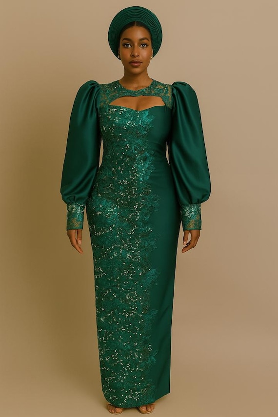 Emerald Green Lace Gown: African Wedding Guest Dress