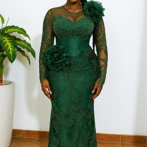Emerald Green Evening Lace Gown, Luxury Cocktail Dress for Wedding Guests and Formal Occasions