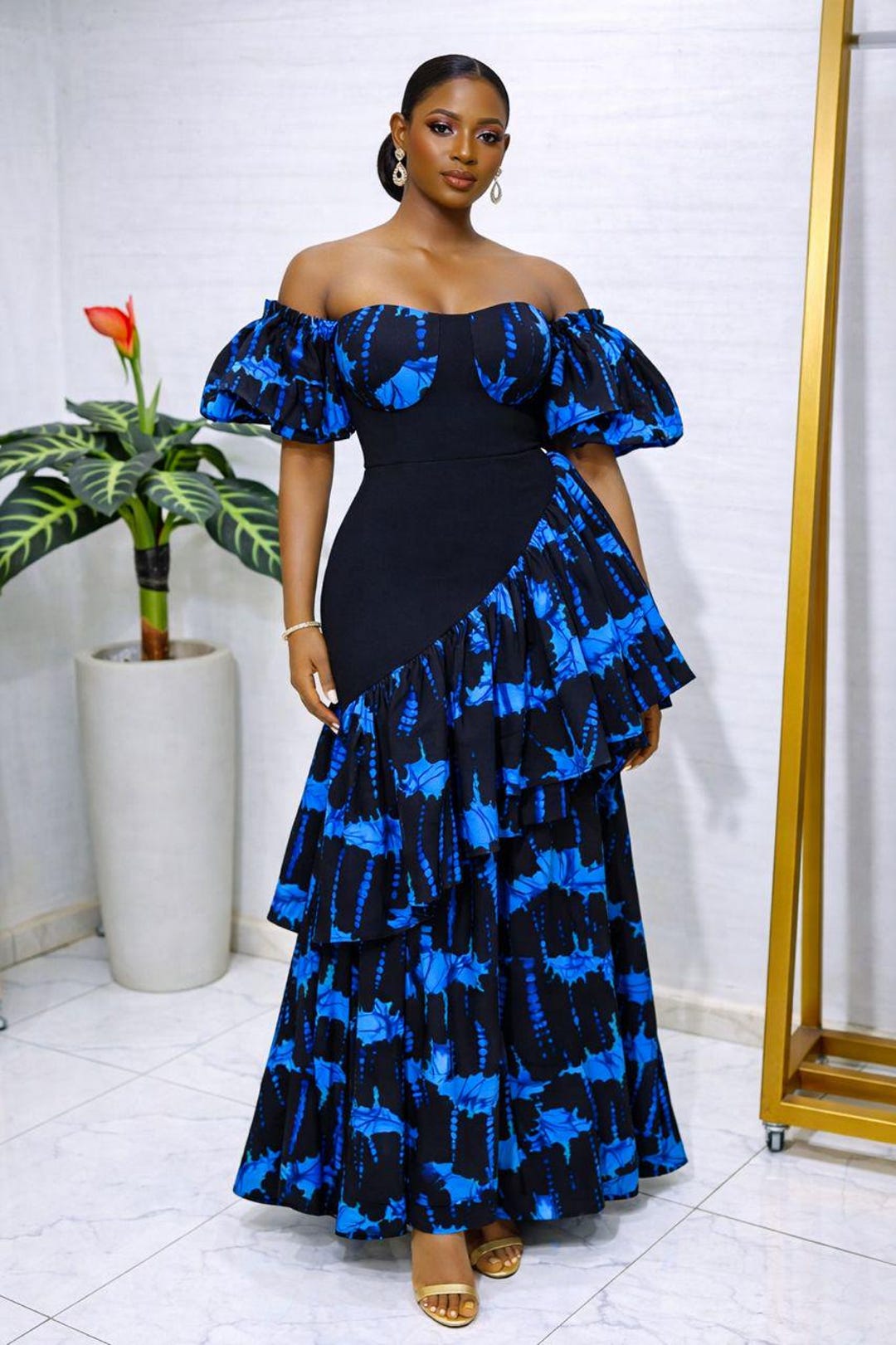 Blue African Print Dress, off Shoulder Short Sleeve Ankare Maxi Dress for  Women - Etsy