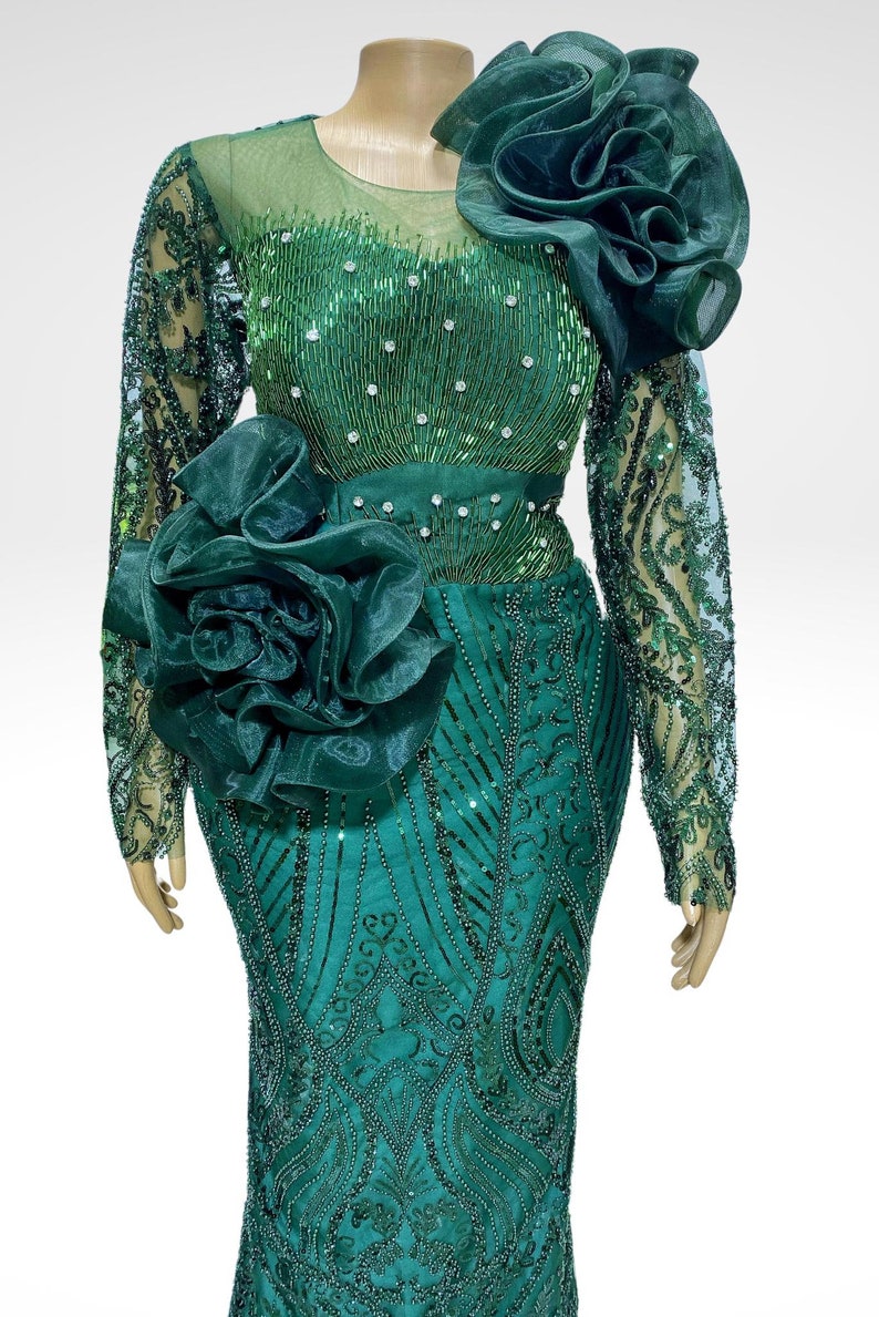 Emerald Green Evening Lace Gown, Luxury Cocktail Dress for Wedding ...