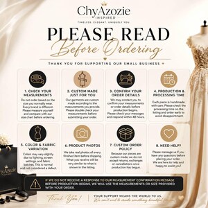 May include: An informational graphic for ChyAzozie Inspired featuring the text PLEASE READ Before Ordering. It includes eight numbered steps with icons regarding custom garment measurements, production times, and order policies, alongside a gold dress.