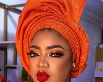 Orange Autogele: Pre-tied Asooke Headtie for Weddings