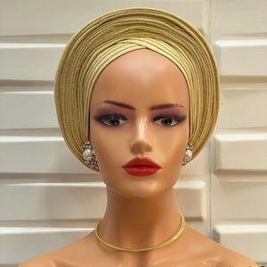 Luxury Gold Autogele Headwrap – Ready-to-Wear Nigerian Gele for Weddings & Special Occasions | African Bridal Headpiece