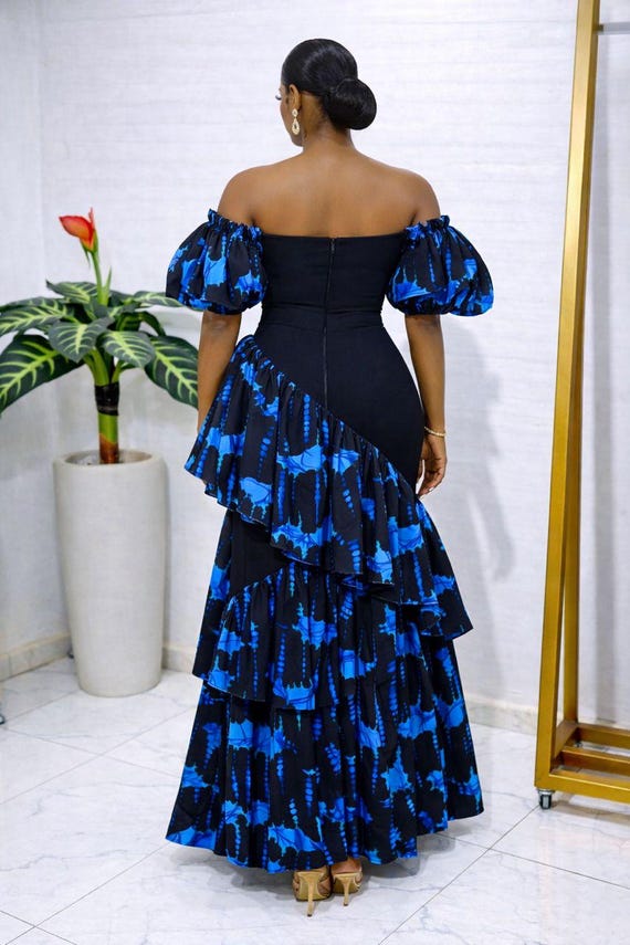 Blue African Print Dress, Off Shoulder Short Sleeve Ankare Maxi Dress for Women