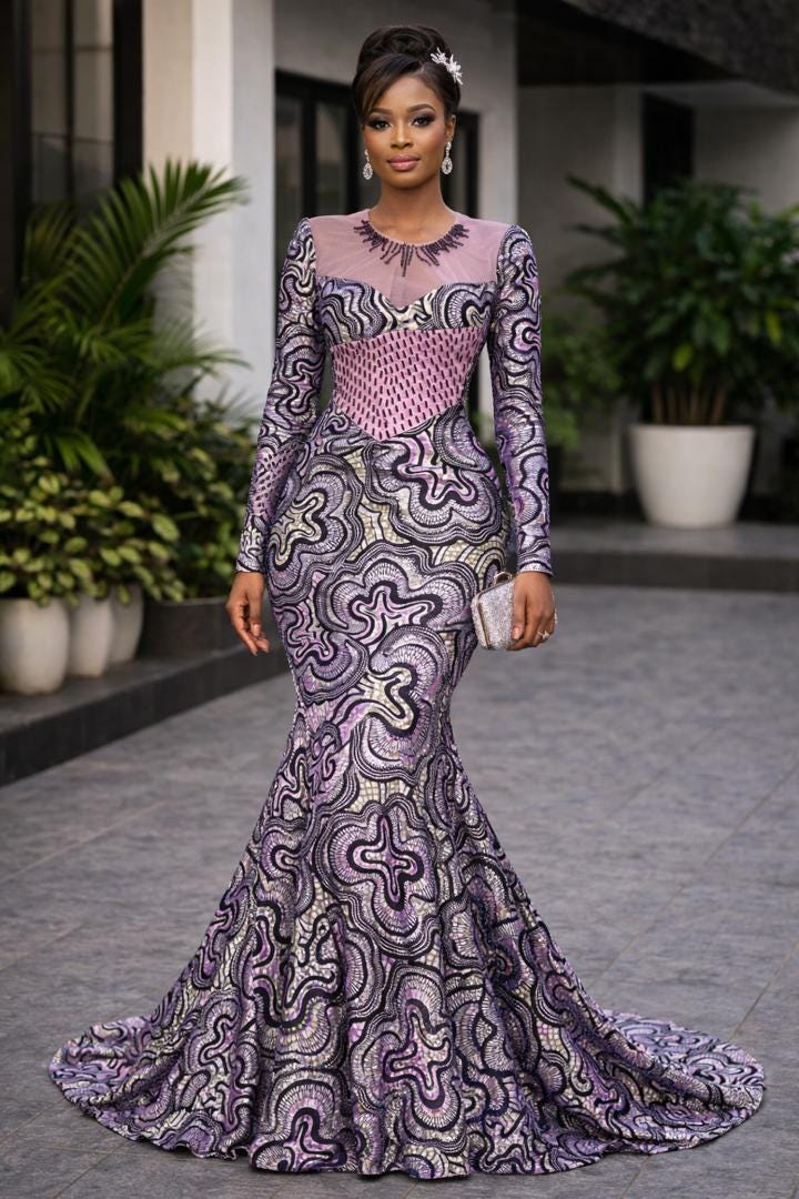 Purple Ankara Mermaid Dress, African Print Maxi Gown for Weddings and Special Occasions