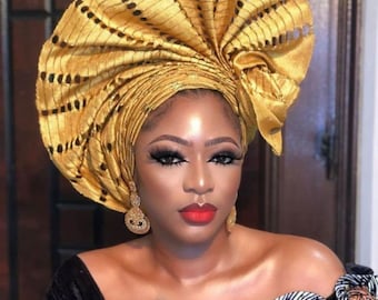 Élégant autogel doré Asooke avec Ipele pour les mariages et les occasions spéciales, couvre-chef Asooke pour femme, cravate africaine pré-nouée