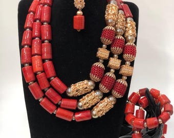 ナイジェリア産コーラルビーズジュエリーセット：アフリカン
